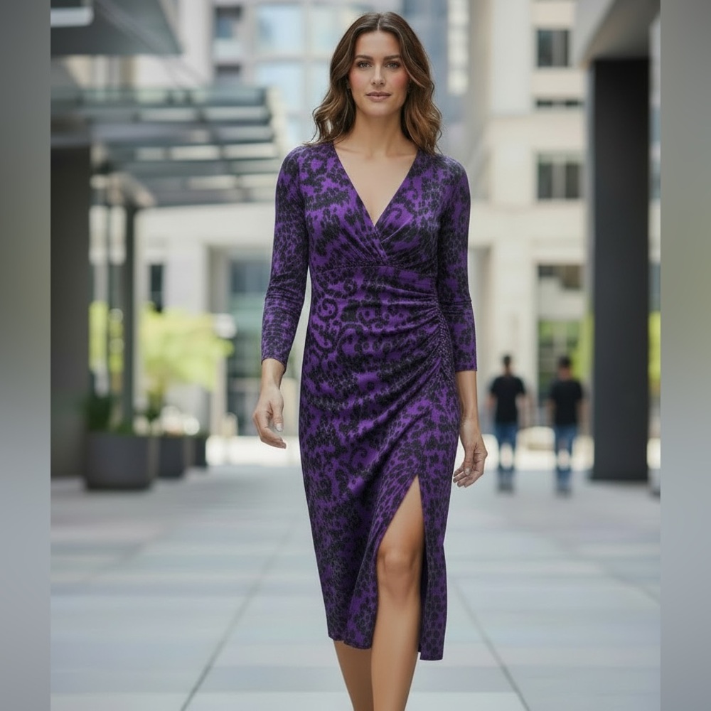 LAUREN by Ralph Lauren Eggplant Purple Moc Wrap Dress Size‎ 6 S M 3/4 Sleeve EUC